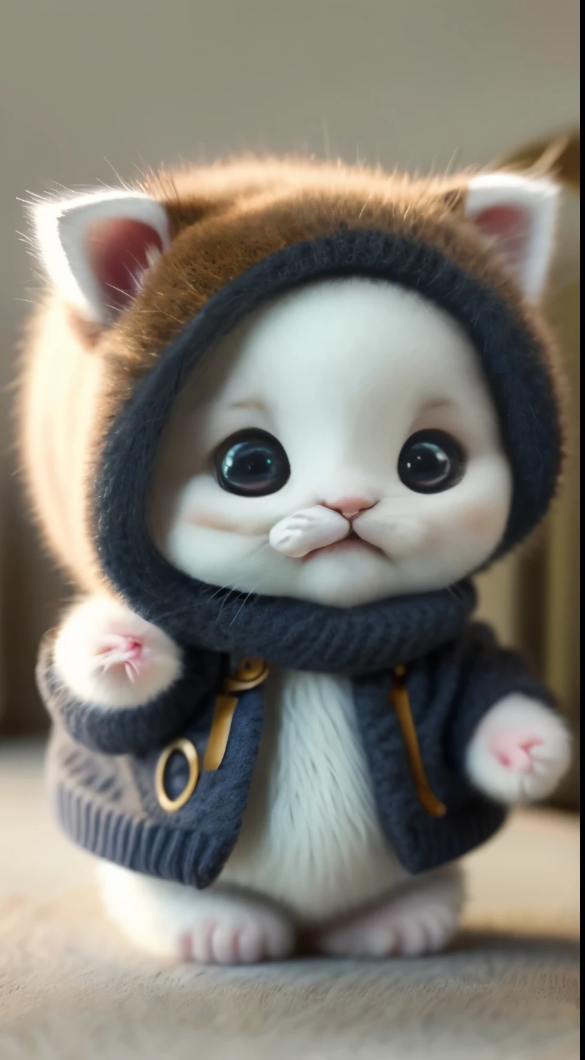 kitten in clothes， miniature kitten， Animal focus， bearded， realistic， POV Hand， ambiguous background，smile，interesting、