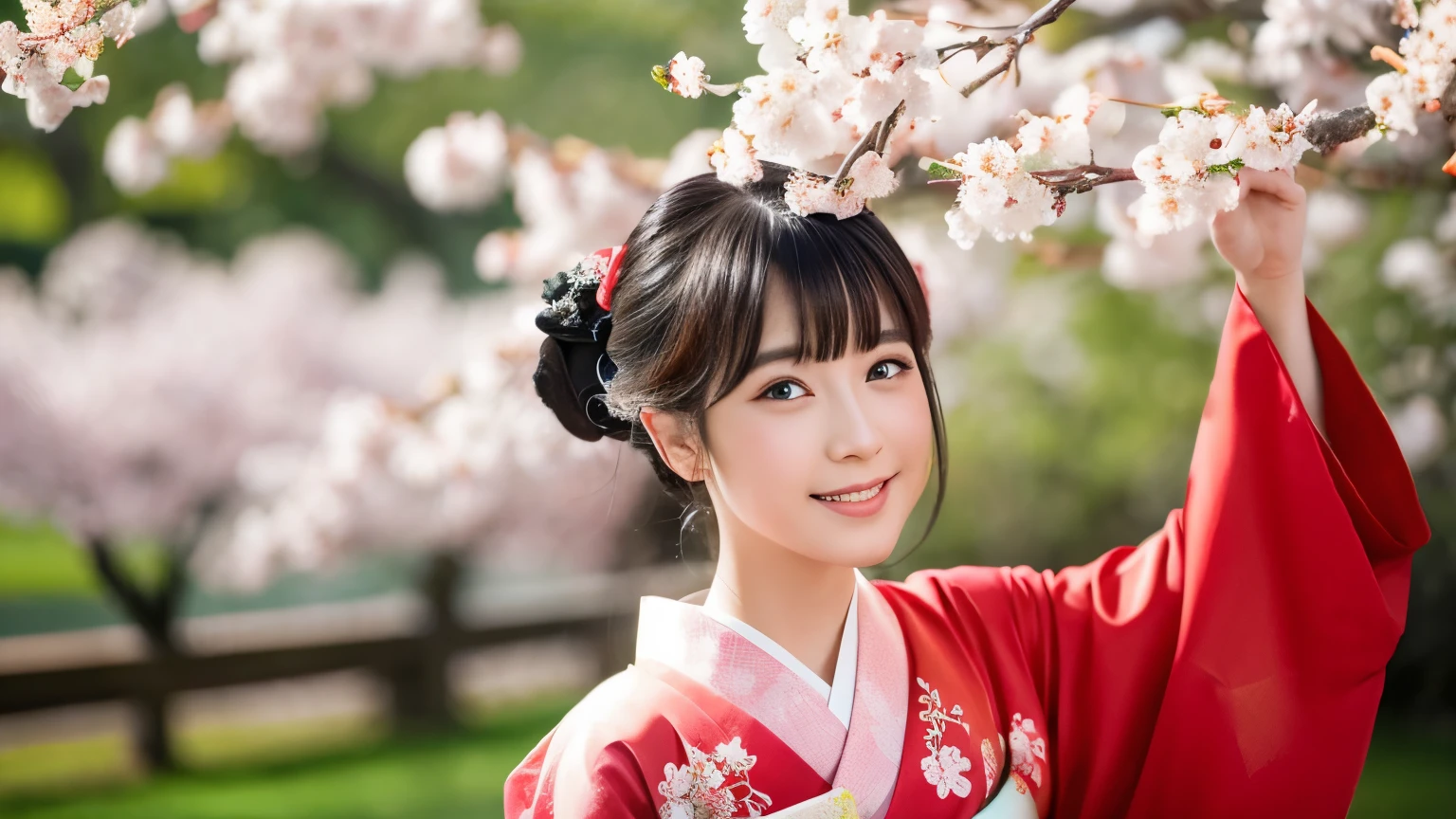 cherry blossoms，woman，kimono，highest quality,Japanese,front,red