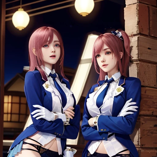 honoka, blue blazer, tie, pleated skirt, one glove, white thighhighs