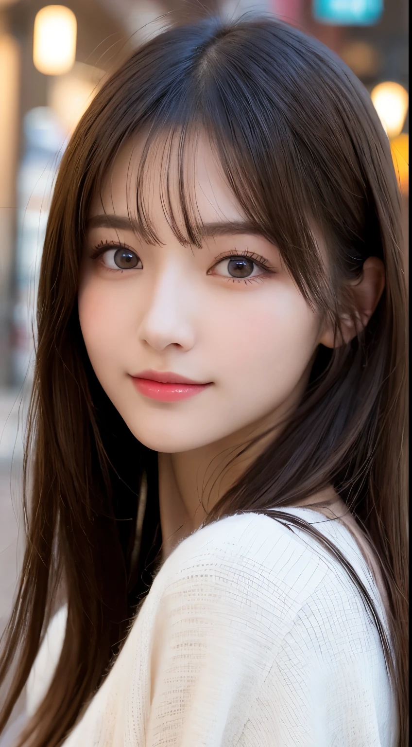 table top, highest quality, shape, Super detailed, finely, High resolution, 8k wallpaper, 完璧なダイナミックな構shape, beautiful and detailed eyes, Latest trend fashion Tokyo winter wear,medium hair, small breasts, natural color lip,smile,20 year old girl、midnight、beautiful and detailed face、perfect and beautiful face、slim face and style,spread your arms wide,Big eyes,Take a photo from below the knees at a face angle、small face、beautiful detailed face、perfect and beautiful double eyelids