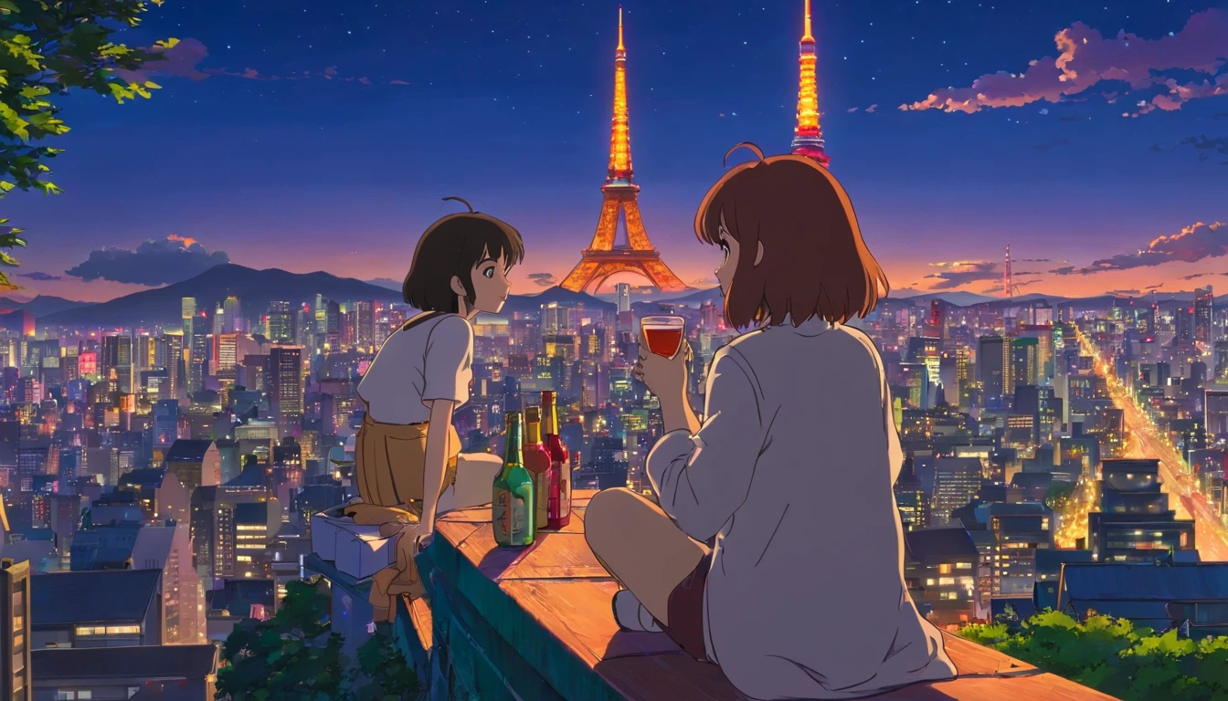 Drinking alcohol in front of Tokyo Tower, set in tokyo rooftop, on the roof tokyo night, on future tokyo night rooftop, Rooftop Romantic, sitting in tokyo, golden hour in tokyo, Tokyo in the background, With the city of Tokyo in the background, summer setting, beautiful images, with eiffel view, 東京サイバーパンクの夜のon the roof, japan travel aesthetic, on the roof