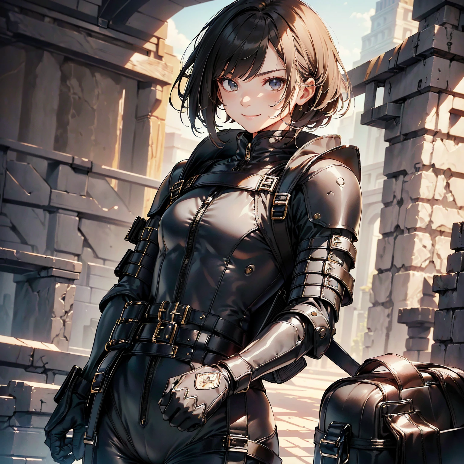 (masterpiece、highest quality、highest resolution、clear_image、detailed details): (whole body、18 year old female fighter，Slender、small face、black super bob short hair、Shiny black tight combat uniform，tight suit、Gentle smile、(Backpack:1.1))