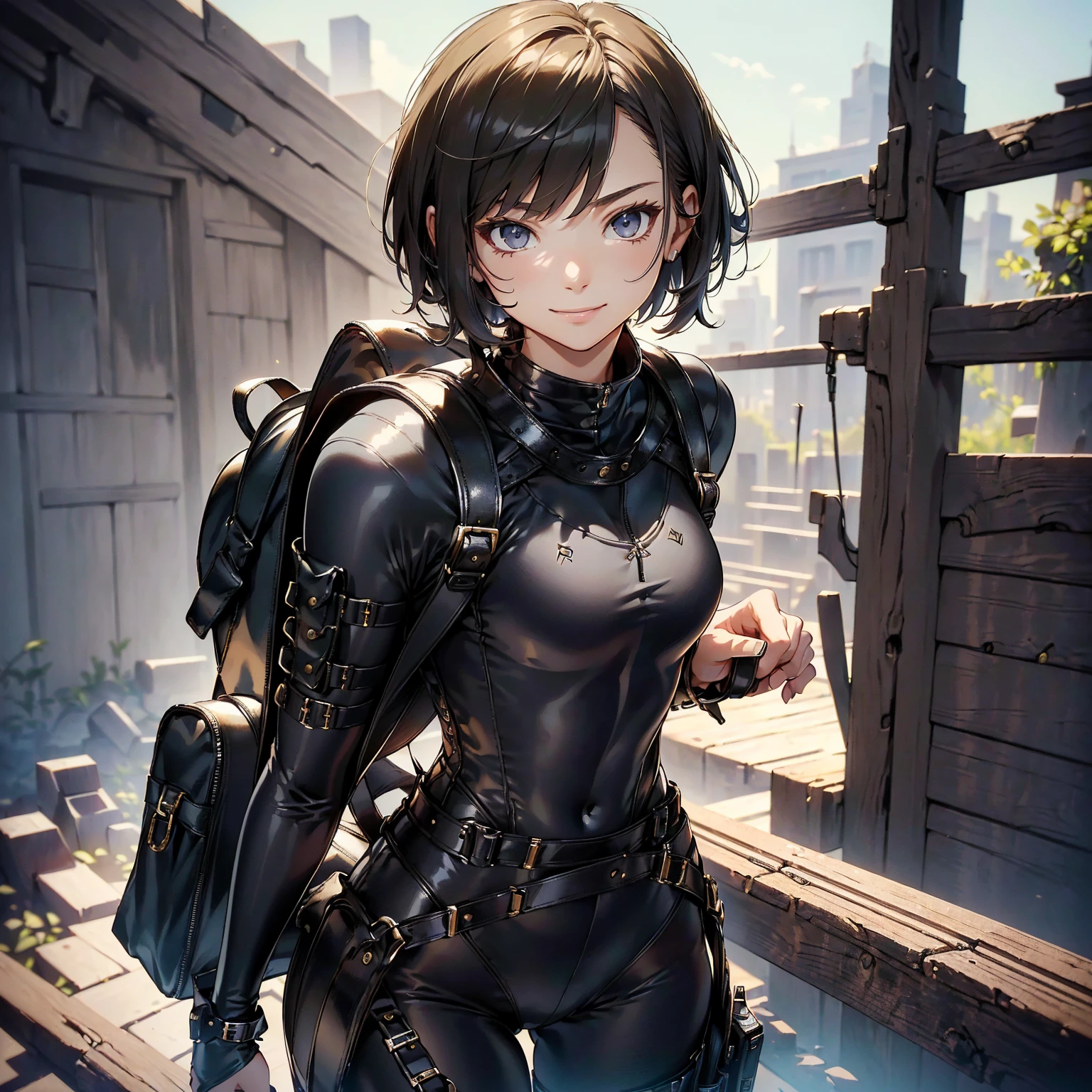 (masterpiece、highest quality、highest resolution、clear_image、detailed details): (whole body、18 year old female fighter，Slender、small face、black super bob short hair、Shiny black tight combat uniform，tight suit、Gentle smile、(Backpack:1.1))