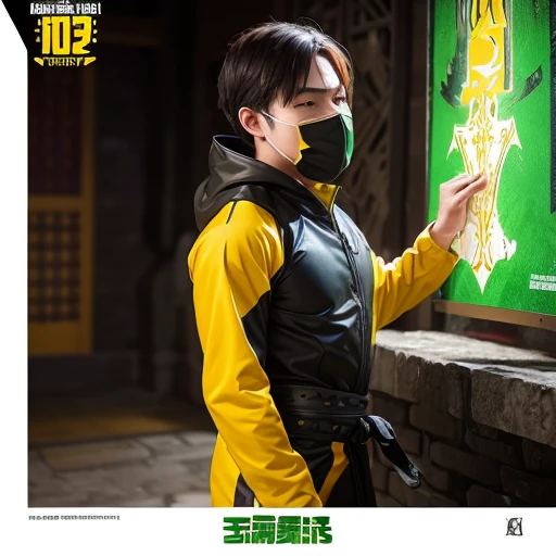 High resolution, Super detailed, masterpiece, highest quality,oriental、solo、boy、game poster、yellow-green ninja suit、