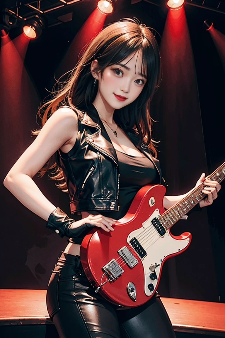(best quality,4k,8k,highres,masterpiece:1.2),ultra-detailed,(realistic,photorealistic,photo-realistic:1.37),woman in her thirties,long flowing hair,voluptuous figure,short leather jacket without sleeves,leather pants,playing a red electric guitar with joyous expression,neon stage lighting