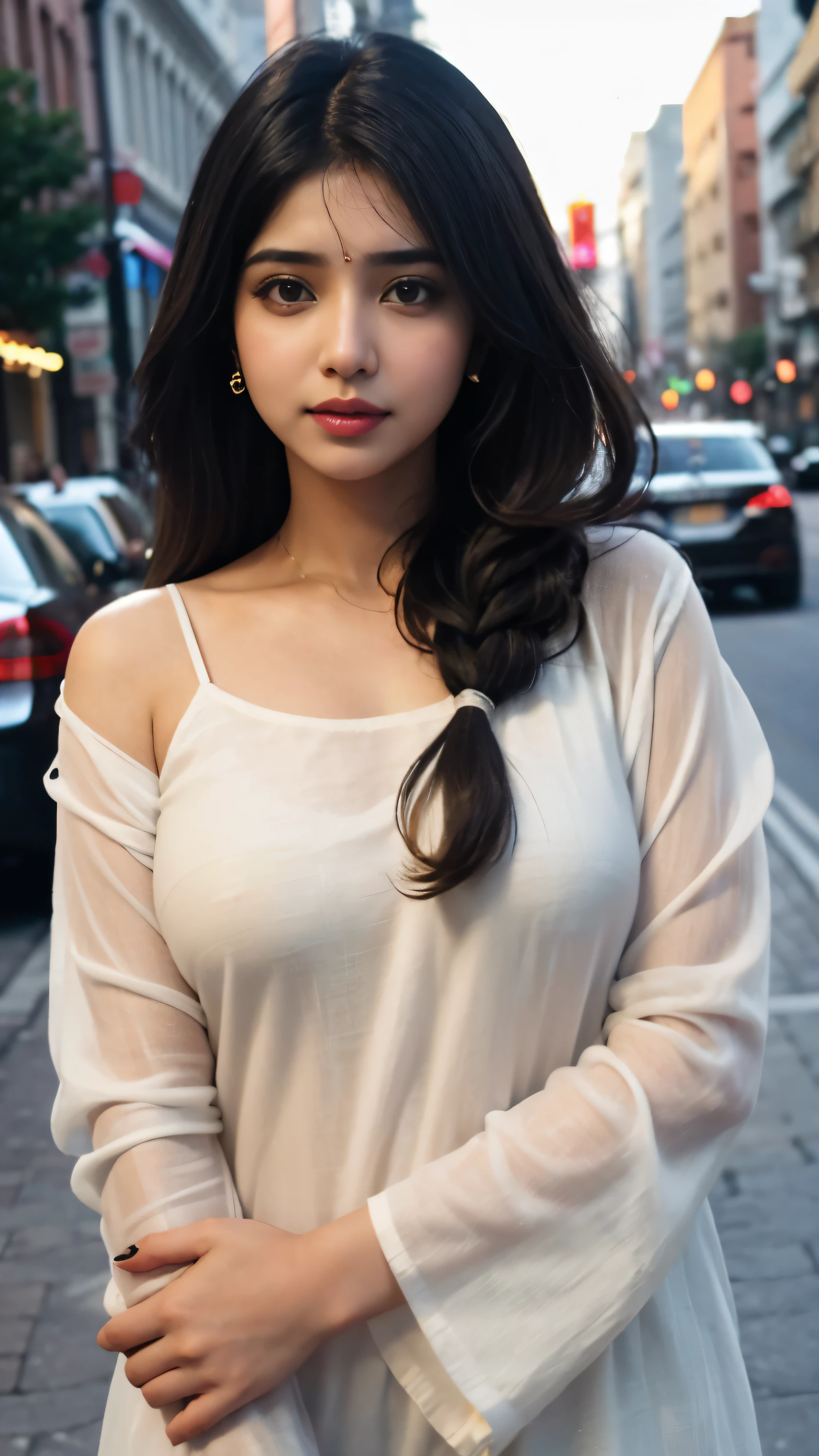 (((desi girl))), chubby face, natural skin, wearing hot deep neck top and dupatta, charming black hair, ((hair ends are blonde)), city streets background, bokeh ,facing camera