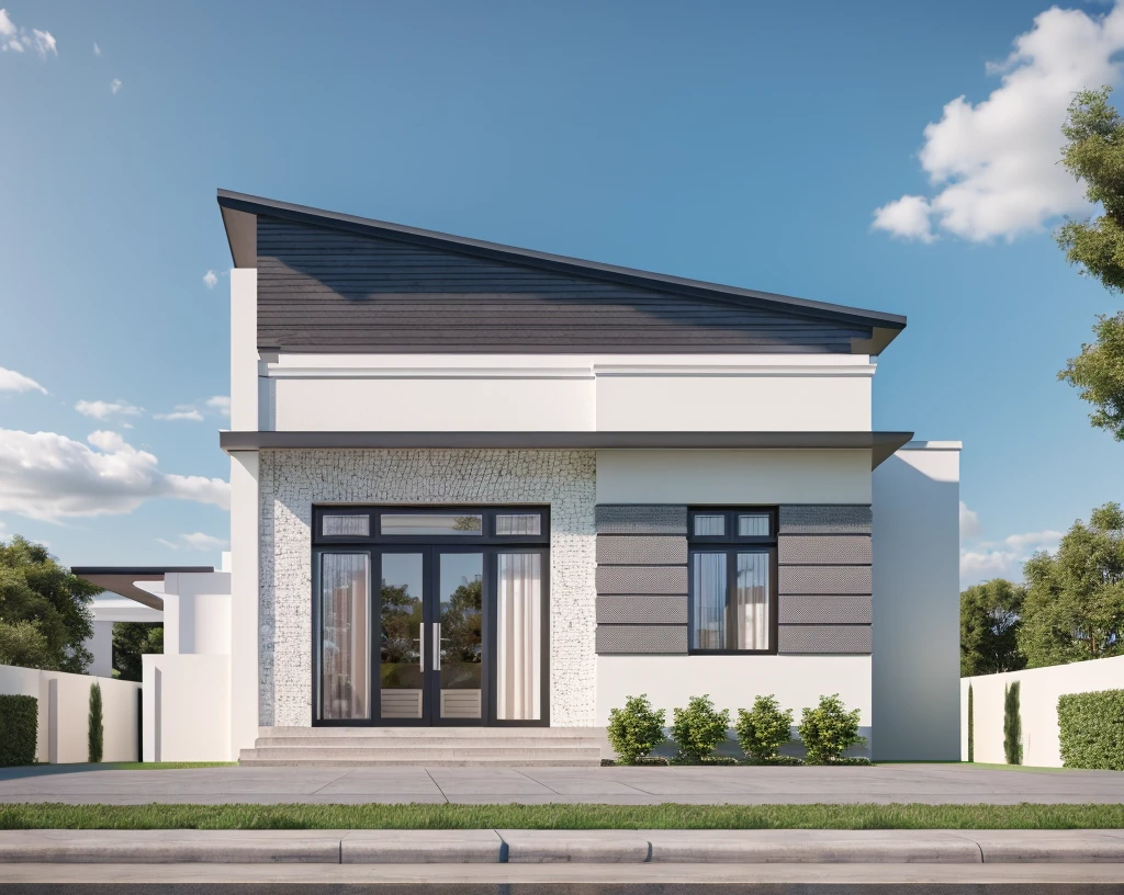 Modern townhouse, combining neoclassical style, street, car running in front of the house, (LoGo:1.5 not appearing), Modern Style, Extremely detailed image, masterpiece, surreal, rendered by vray 2023, 8k rendering, White walls, aluminum glass doors and windows, large yard covered with ceramic tiles, Natural light, cloudy, daytime a few clusters of beautiful small flower pots 8K