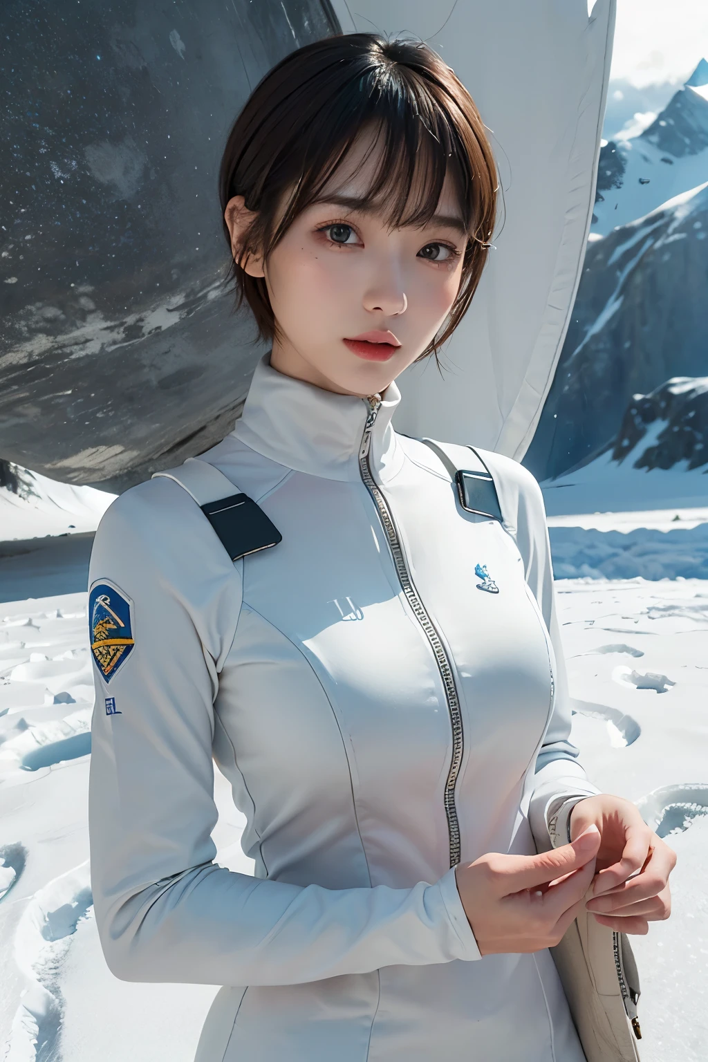 highest quality、masterpiece、ultra high resolution、(real:1.4)、Beautiful woman1、Beautiful details of eyes and skin、light brown short cut hair、The perfect spacesuit、spaceship、glacier、snow、Cloudy skies、