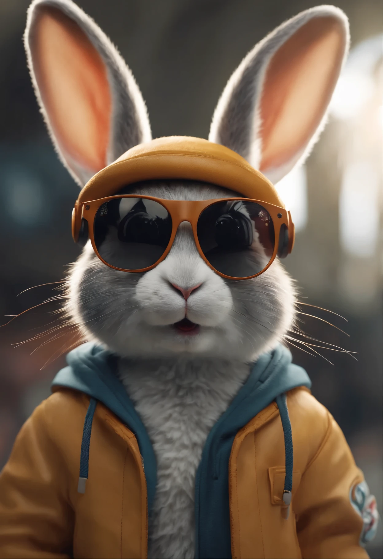 Perfect centering, Cute bunny rabbit, Wear a jacket, Wearing sunglasses, Wearing headphones, cheerfulness, Standing position, smile and seductive, Abstract beauty, Centered, Looking at the camera, Facing the camera, nearing perfection, Dynamic, Highly detailed, smooth, Sharp focus, 8K