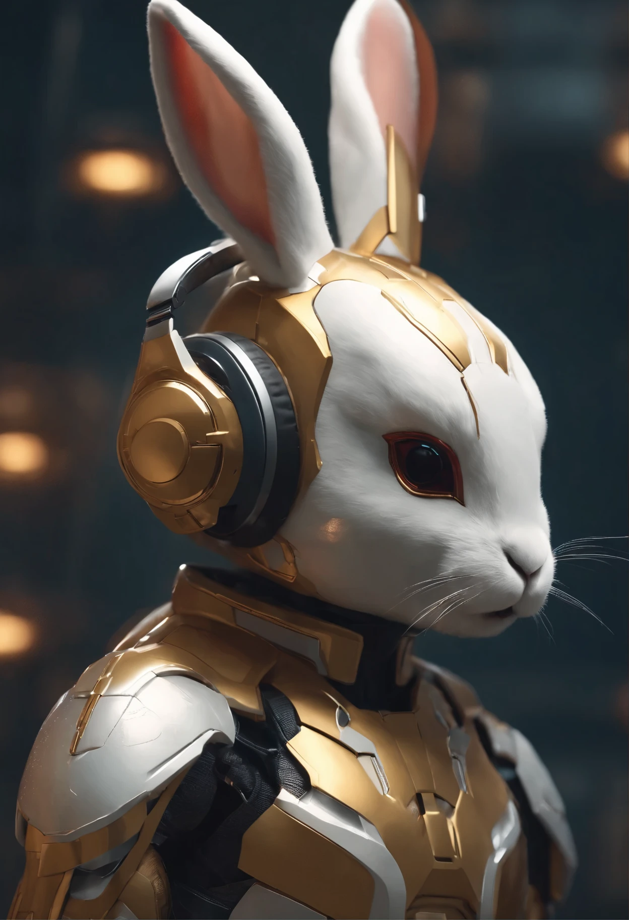 Perfect centering, Cute rabbit, Wearing a iron man costume, Wearing headphones, cheerfulness, Standing position,seductively, and Abstract beauty, Centered, Looking at the camera, Facing the camera, nearing perfection, Dynamic, Highly detailed, smooth, Sharp focus, 8K