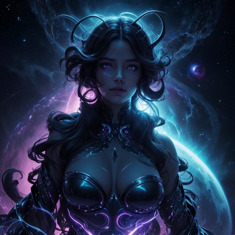 (best quality, UHD 8k focus stacking, 4k, highres, absurdres, ray tracing, award winning masterpiece:1.5) of stunningly beautiful young woman is witch voidwalker with unrivaled power, walking confidently through middle of busy renaissance fantasy city street enjoying the chaotic panic she causes, looking at viewer with evil grin, one of the houses in background street has crater with swirls of void magic flying into the air. She has dark celestialskin body , void cosmic body, colored skin, flat color, jet black skin, silhouette, wielding beautiful metallic void magic foil and void magic spellbook with ornaments and Phosphorescent details and highlights, long flowing hair with Phosphorescent details and highighlights, perfectly detailed glowing eyes, meticulously detailed female voidwalker robe with metallic ornaments and metallic crown jewellery that have Phosphorescent details and hights, swirls of void magic. Woman Extremely tiny fractalized, fractal_environment, fractal_body, fractal_background . (ultra detailed, ultra intricate, intricate details, ultra meticulous, meticulously detailed, sharp focus, ultra sharp, crystal clear, crisp, DSLR, HDR, ambient occlusion, vray, octane, filmic, 3d shading, high quality particles, smooth, ultra fine details, ultra fine particles, ultra fine light particles, cgsociety)