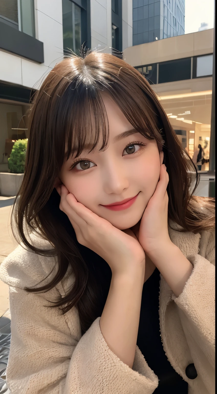 table top, highest quality, shape, Super detailed, finely, High resolution, 8k wallpaper, 完璧なダイナミックな構shape, beautiful and detailed eyes, Latest trend fashion Tokyo winter wear,medium hair, small breasts, natural color lip,smile,20 year old girl、midnight、beautiful and detailed face、perfect and beautiful face、slim face and style,spread your arms wide,Big eyes,Take a photo from below the knees at a face angle、small face、beautiful detailed face、perfect and beautiful double eyelids、luxury mink coat