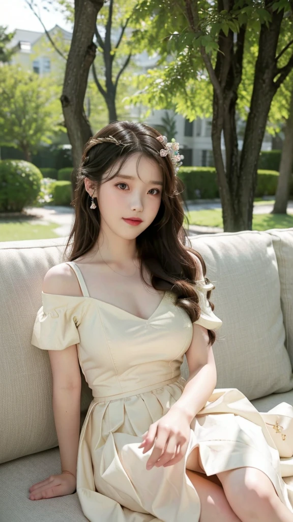 IU, (photo-realistic:1.6), gentle sunlight, cinematic light, beautiful girl, half-body photo, (feminine smile), most realistic, charm, highest quality, masterpiece, 8k ultra, best quality, pretty face, girly hairstyle, a cheerful and cute girl, (feminine and delicated shoulder dress), ((short pleated skirt)), park background, (short sleeves), cute face, ultra-detailed, beautiful detailed eyes, beautiful detailed nose, detail hair, (look at viewer), ((large breasts:1.3)), adorably posing