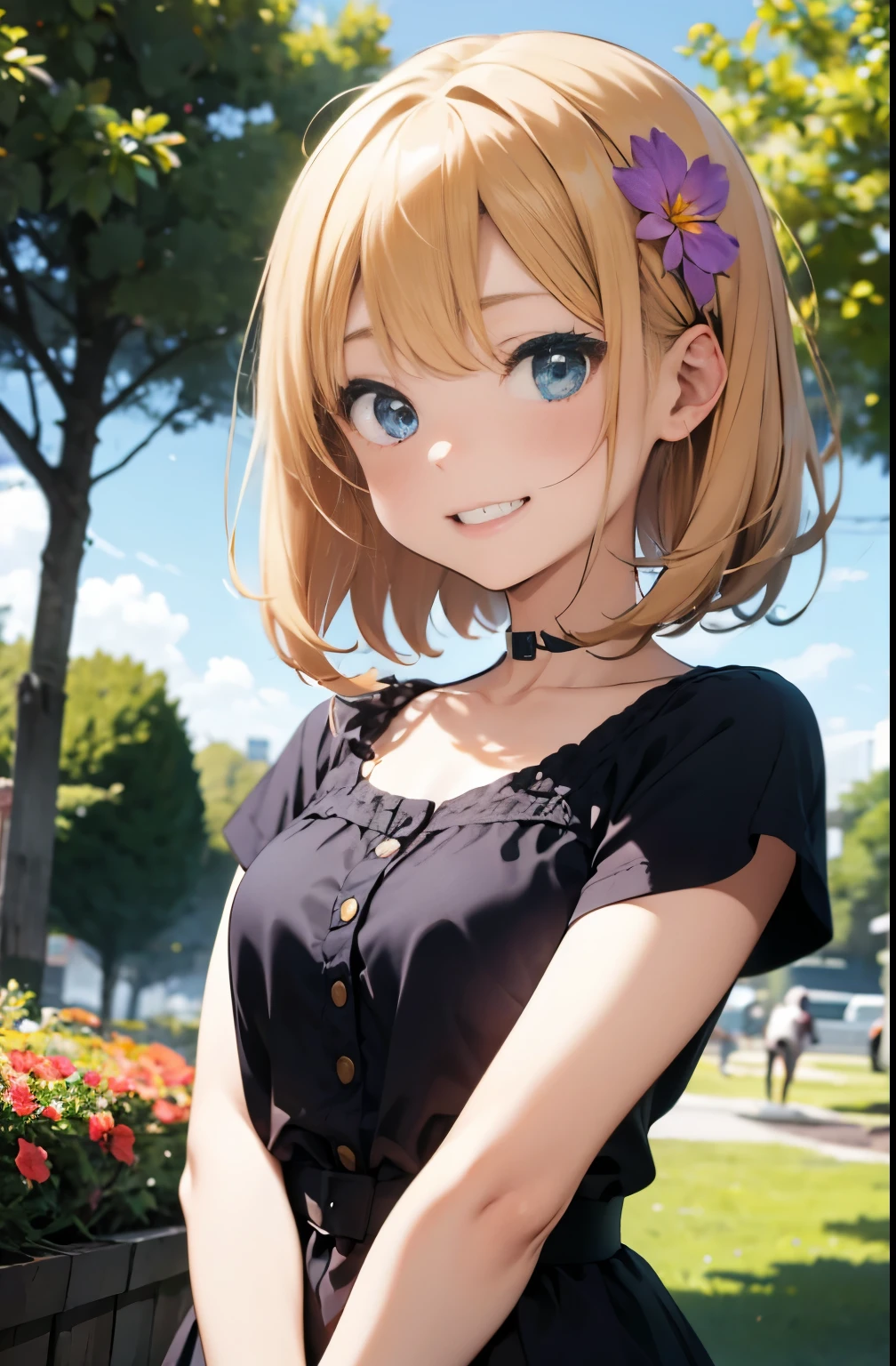 young woman, Thin blonde hair、length、,amountを出す、amount、(眉間とamountの毛の欠如,)、(Bangs are parting)、 blue eyes, Cute colorful dress with laces, No sleeve、Magic herbs, Enchanted flower garden, Trees around, Comic Art Style,、laughter、look