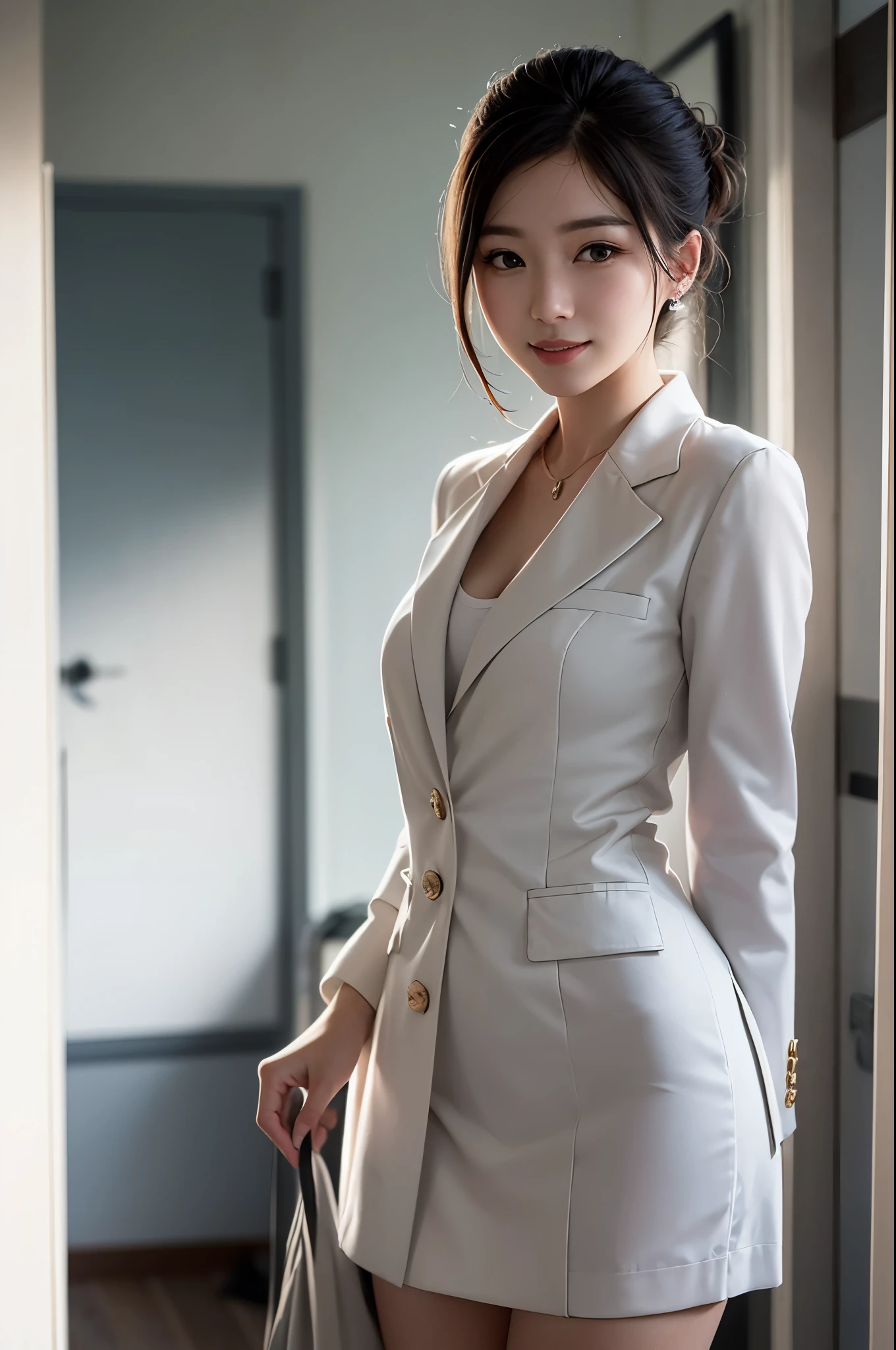 A beautiful office lady、Standing in the changing room、formal blazer、White tight mile、sophisticated beauty、perfect beautiful face、knee shot、soft light、rembrandt light、rim lighting、highest quality、masterpiece、High resolution、realistic、Photoreal、