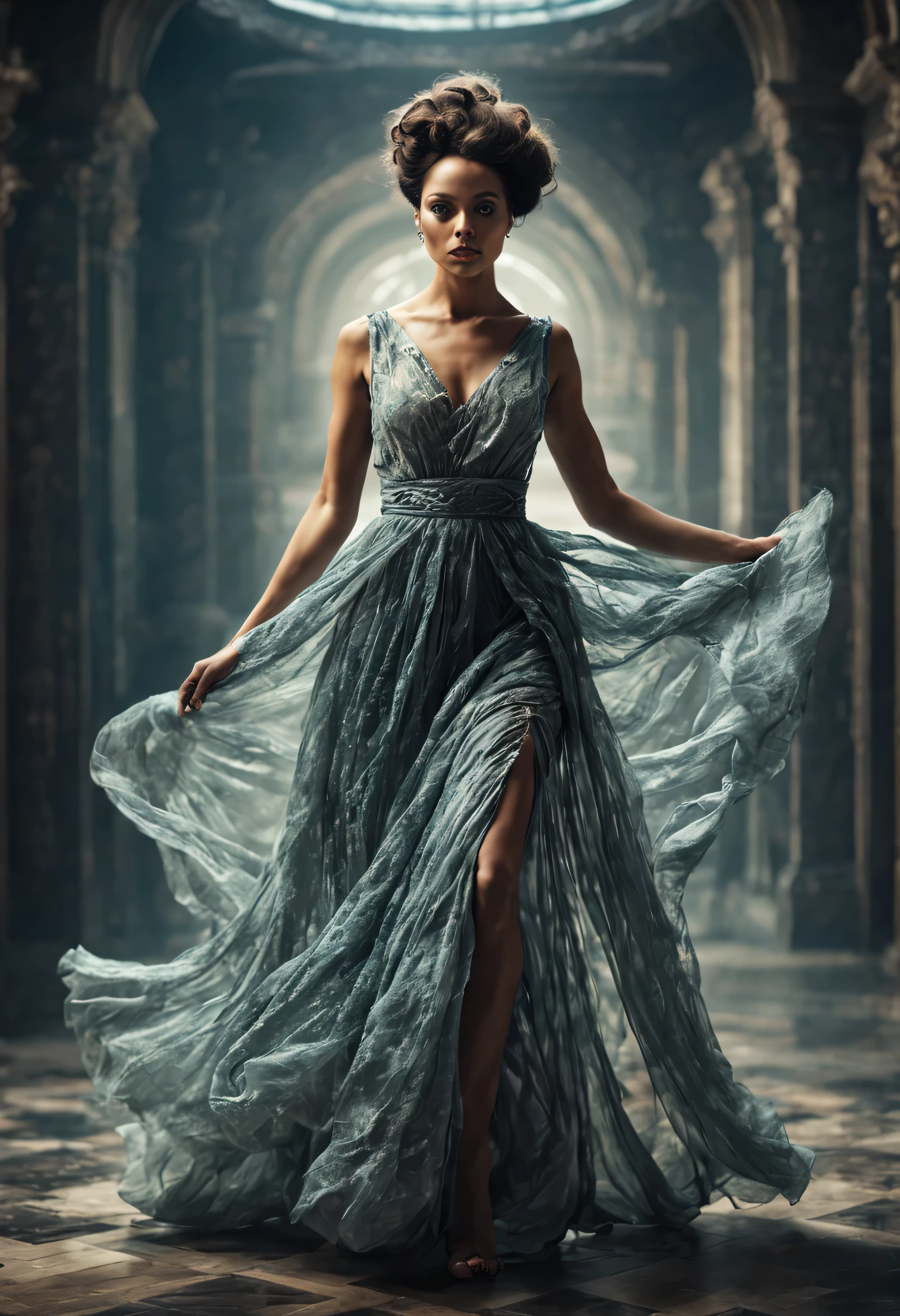 

Baroque sci - fi full body elegant woman airy translucent dress epic atmosphere chiseled background 8k desaturated colors cinematic ultra realstic textures adire