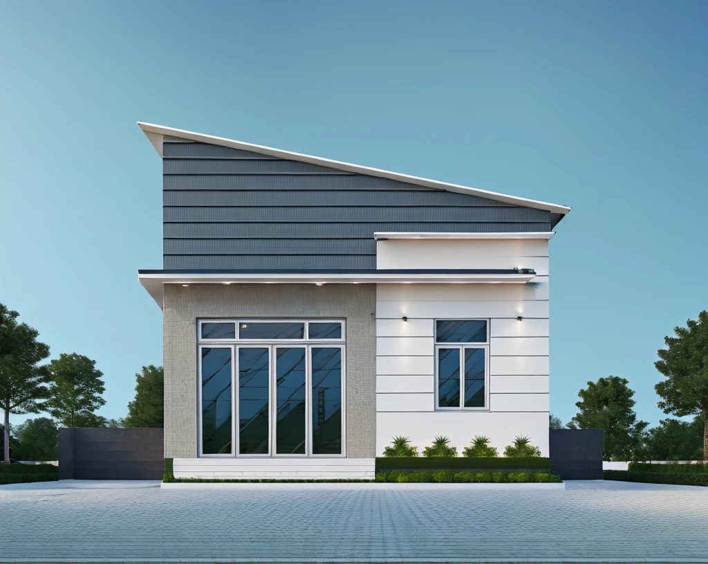 Realistic images, extremely detailed, a modern house,(((1 road in font of house))), large yard made by ceramic, (1 car), brick fence, lawn, a few small flowers, a road in front of the house, main materials of the house are white walls and red brick, Modern design, clear blue sky, sunrise light, light from inside, dynamic light,shimering light, cinematic light, romantic feeling, (((day light, warm light)))