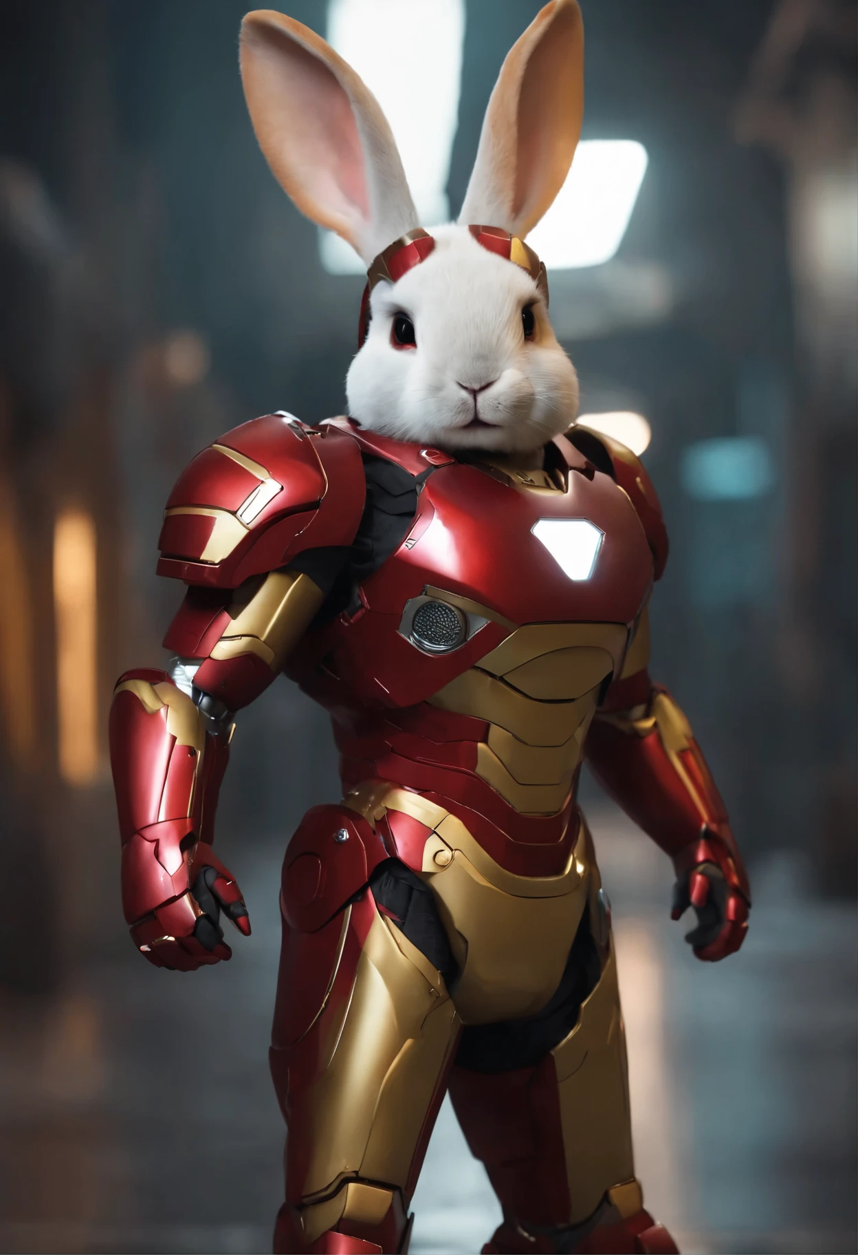 Perfect centering, Cute rabbit, Wearing a iron man costume, Wearing headphones, cheerfulness, Standing position,seductively, and Abstract beauty, Centered, Looking at the camera, Facing the camera, nearing perfection, Dynamic, Highly detailed, smooth, Sharp focus, 8K