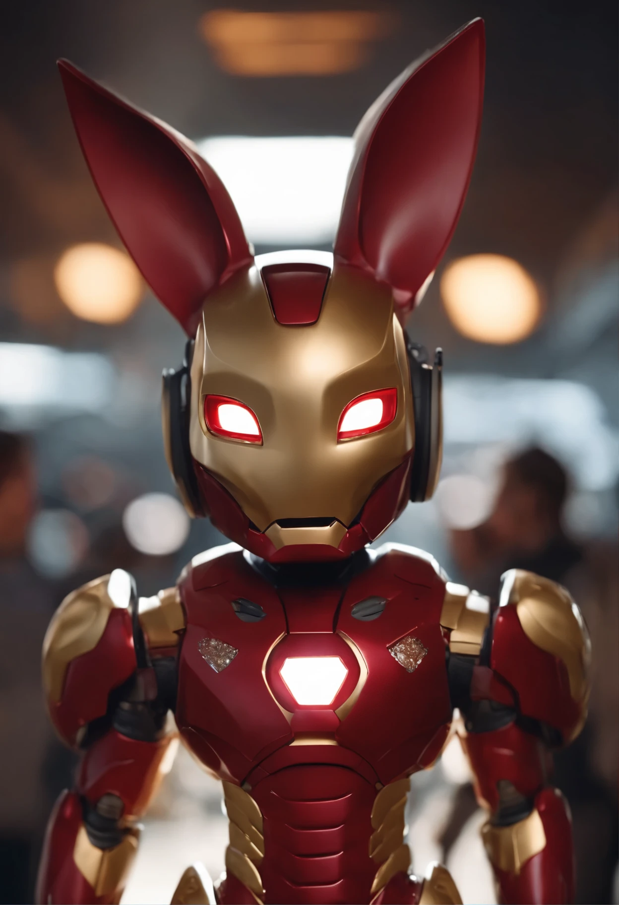 Perfect centering, Cute rabbit, Wear a iron man costume, Wearing headphones, cheerfulness, Standing position,smileing seductively, and Abstract beauty, Centered, Looking at the camera, Facing the camera, nearing perfection, Dynamic, Highly detailed, smooth, Sharp focus, 8K