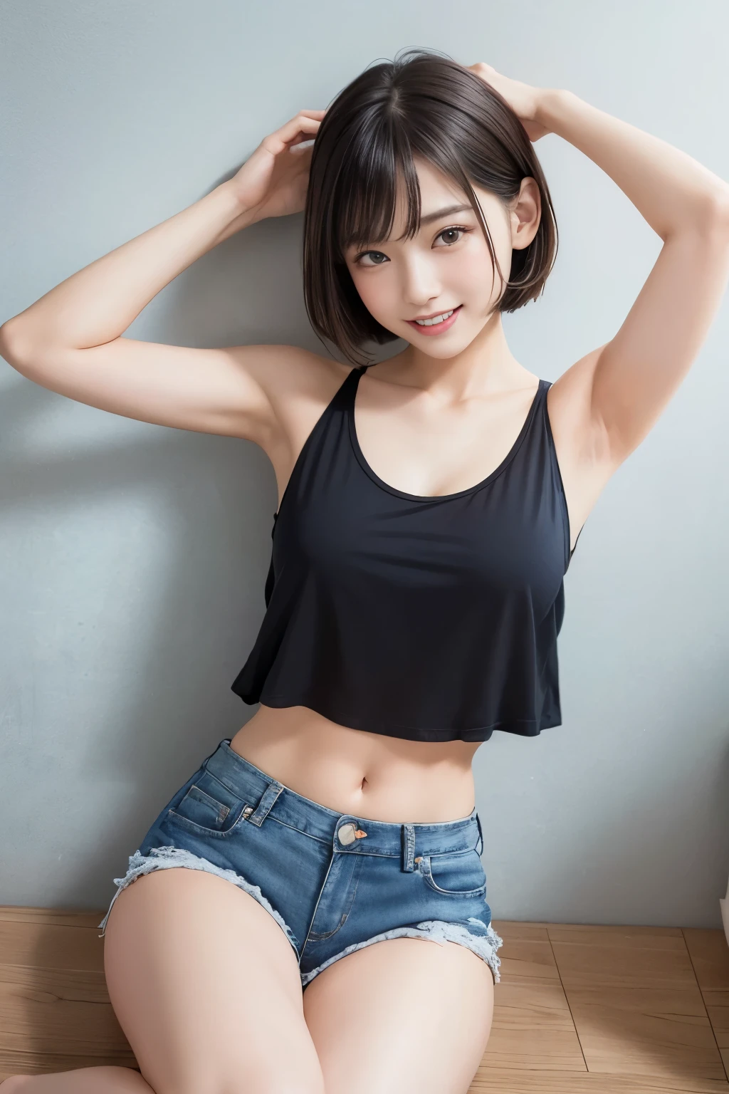 (girl with:1.3), short-hair, Amazing face and eyes, Looking at the camera, Smile full of joy、show teeth、Flex your arms to show off your biceps、(Tight tank top、Denim shorts:1.2)、Wear sneakers、(Best Quality:1.4), extremely detailed CG unified 8k wallpaper, Highly detailed, High-definition raw color photos, professional photograpy, Realistic full-body shots, Indoor photography、Plain wallpaper、sexy portrait of girl