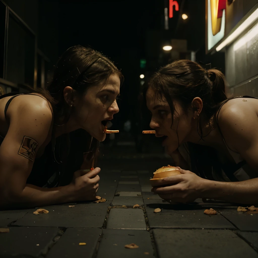 Cena 1: Opens with an apocalyptic scenario, ruas vazias e sombrias.Cena 2: Dois zumbis surgem, cada um de um lado da tela, noticing a McDonald's hamburger on the floor.Cena 3: Os zumbis se aproximam lentamente, looking at the burger with desire.Cena 4: They both reach for the burger at the same time.Cena 5: A clumsy and comical fight begins between the two zombies for possession of the hamburger.Cena 6: The camera takes a close-up of the faces of the hungry zombies in an intense fight.Cena 7: Enquanto lutam, the burger is crushed and torn apart.Cena 8: Both zombies look at the remains of the burger with expressions of disappointment..Cena 9: A cena termina com os dois zumbis se afastando, ainda famintos, em busca de mais comida.Cena 10: Final screen with a humorous message about the "McZumbiMeal" - "When hunger is eternal, McDonald's is always the right choice."
