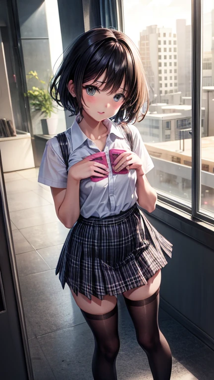 (best quality:1),(high_quality:1),1 girl,fullbody,pretty,pink lips,black hair,swet,BREAK {pixie cut hair}, bangs,flat chest,summer school uniform,tartan checkskirt,(horizontal striped panty), blush,BREAK,lift up skirt with right hand,hidden private, hidden by skirt,standing,pantie pull drop,pantie on knee,skirt cover crotch, in class room,pov,fsb,nice hands, perfect hands,