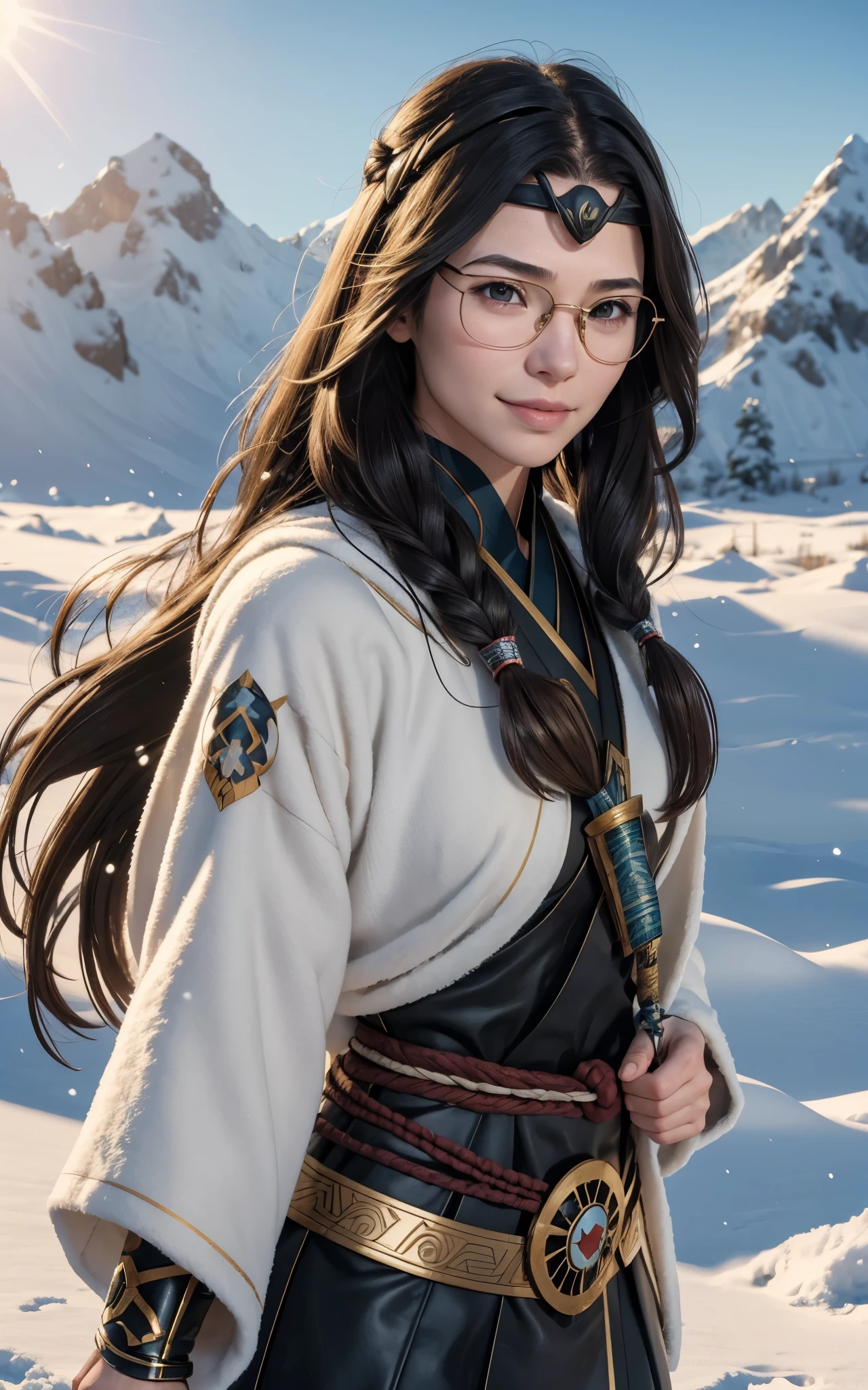 Young ainu woman with the face of (Gal Gadot:Evangeline Lilly), (looking at viewer, light smile, ), brown hair, brown eyes,  long hair, hair_flying, Fluttering hair, flying_hair, ((Transparent glasses, glasses, glasses_on_nose)), ((traditional ainu clothes)), sexy, charming, stunning,  enhance, delicate, (pale skin, real_skin), sunlight, Winter, snow, Hokkaido, outdoor, best quality, high quality, highres, 8k, photo realistic.
