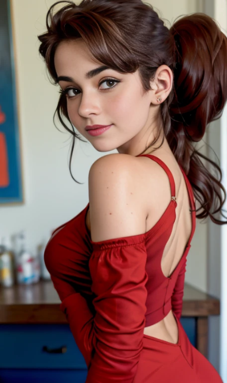 Photo of a -old amean girl, .RAW, beautiful teenage girl, (Long brown hair with ponytail), light brown hair ponytail hairstyle((retrato)), ((Cara detallada:1.2)), ((Detailed facial features)), (Piel finamente detallada) , (Masutepiece) (proporciones perfectaotos realistas)(La mejor calidad) (Detallado) fotografiado con una EOS R5 de Canon, Lente de 50 mm, f/2.8, NffSW, (8k) (papel tapiz) (cinematic lighting) (Dramatic lighting) (sharp focus) (Enrevesado) senos medianos , pechos medianos , muchas pecas en mejillas y nariz , pecas en pecho, cuerpo completo , hermoso cuerpo de mujer adolesente, lindo maquillaje , gran sonrisa , mujer delgada escultural , foto de cuerpo completo , posando sexy sentada , Lynn loud , sentada , usa hermiso vestido rojo largo , fondo variado , dia nevado