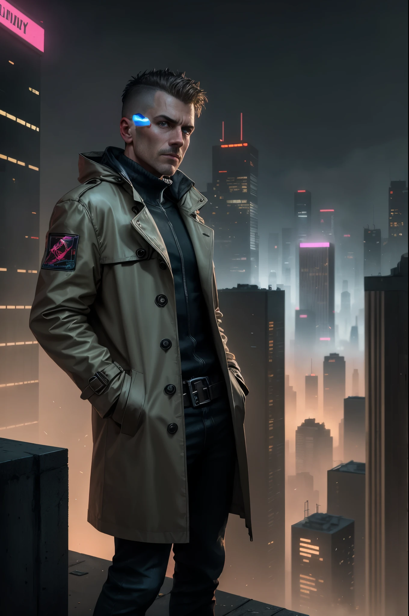 A man, 45 years old, brown eyes, hair shaved on the sides, combed back, unshaven, wearing a dark trench coat with the collars turned up. Hands in his pockets, He is leaning against the parapet of a building, observing from above the night of the cyberpunk city below in the background. Background futuristic cyberpunk make it realistic, Blade Runner, 8k, ultra hd