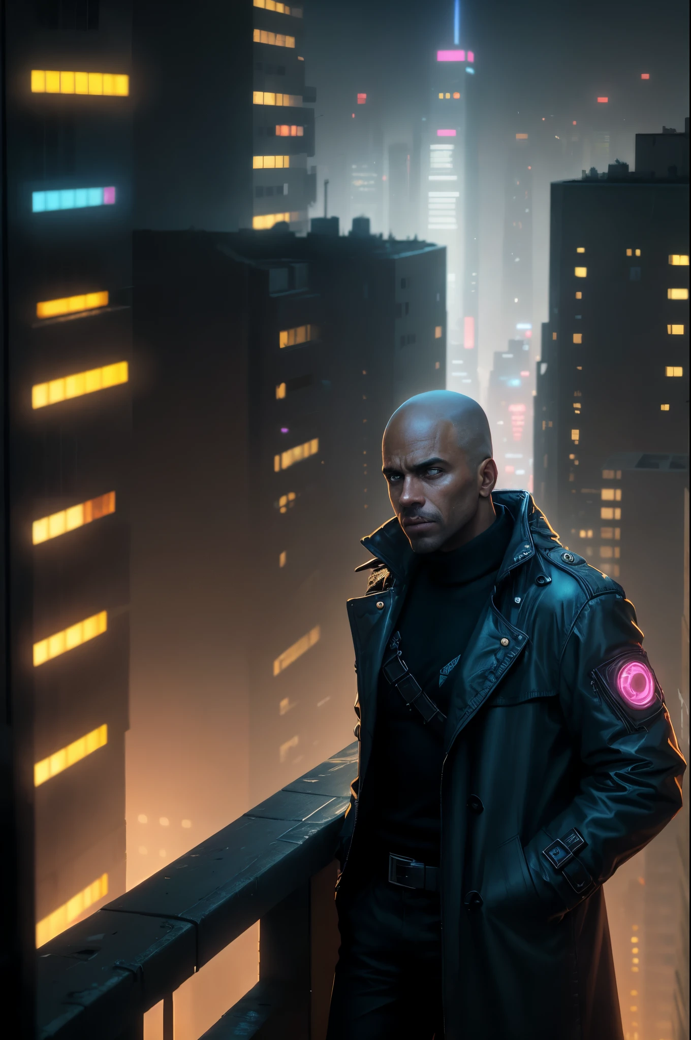 A man, 45 years old, brown eyes, hair shaved on the sides, combed back, unshaven, wearing a dark trench coat with the collars turned up. Hands in his pockets, He is leaning against the parapet of a building, observing from above the night of the cyberpunk city below in the background. Background futuristic cyberpunk make it realistic, Blade Runner, 8k, ultra hd