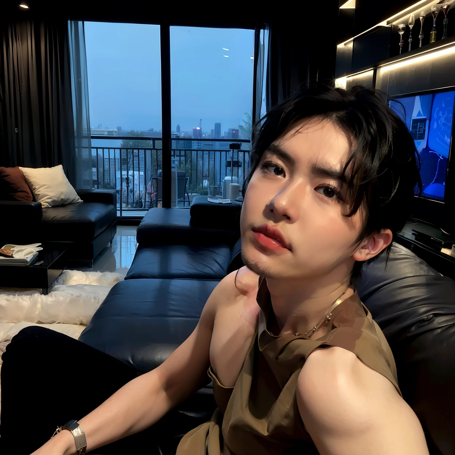 there is a man sitting on a sofa in a living room, cai xukun, 8k selfie photography, hombre surcoreano, inspirado por Zhang Han, capturado en canon eos r 6, pintar ulzzang, tomada con sony alpha 9, Steven Klein, handsome japanese demon boy, disparado con canon eos r5, disparado con canon eos r 5