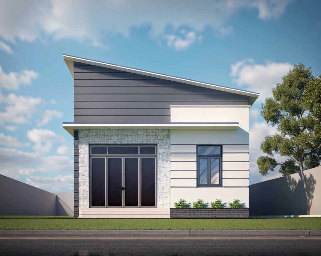 Modern townhouse, combining neoclassical style, street, car running in front of the house, (LoGo:1.5 not appearing), Modern Style, Extremely detailed image, masterpiece, surreal, rendered by vray 2023, 8k rendering, White walls, aluminum glass doors and windows, large yard covered with ceramic tiles, Natural light, cloudy, daytime a few clusters of beautiful small flower pots 8K