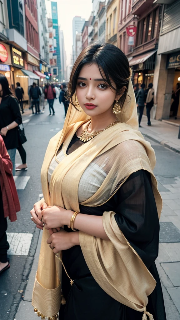 (((desi girl))), chubby face, natural skin, wearing hot deep neck top and dupatta, charming black hair, ((hair ends are blonde)), city streets background, bokeh