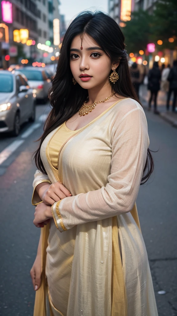 (((desi girl))), chubby face, natural skin, wearing hot deep neck top and dupatta, charming black hair, ((hair ends are blonde)), city streets background, bokeh