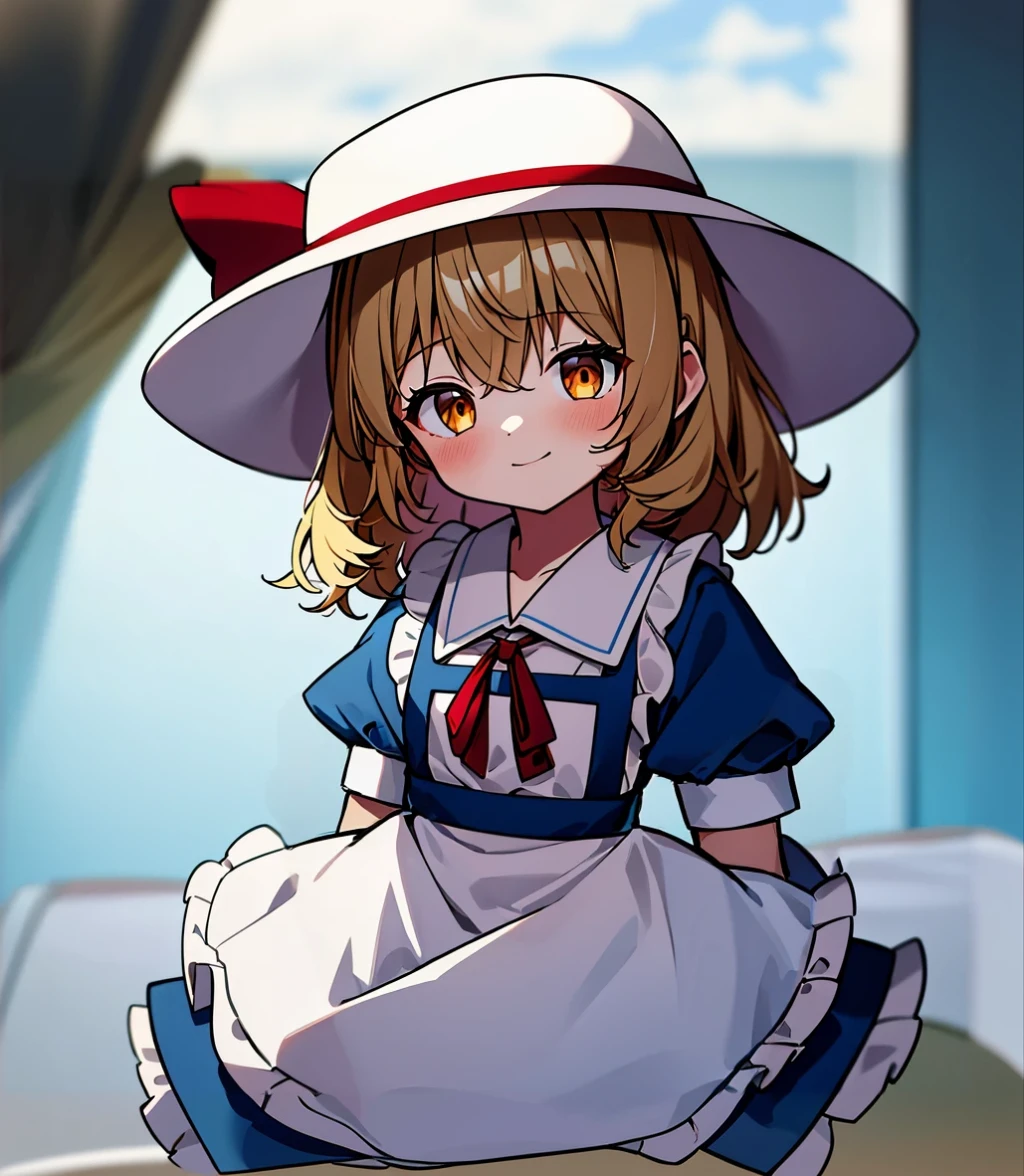 armsmasterpiece, best quality, 1 girl, , , 10 years old, white hat, red ribbon, middle blonde hair, golden eyes, short puffy sleeves, white clothes, white ?????, blue skirt, blue ruffles, collarbone, gentle smile, Kana Anaberal, Poltergeist, pinafore, hand between legs