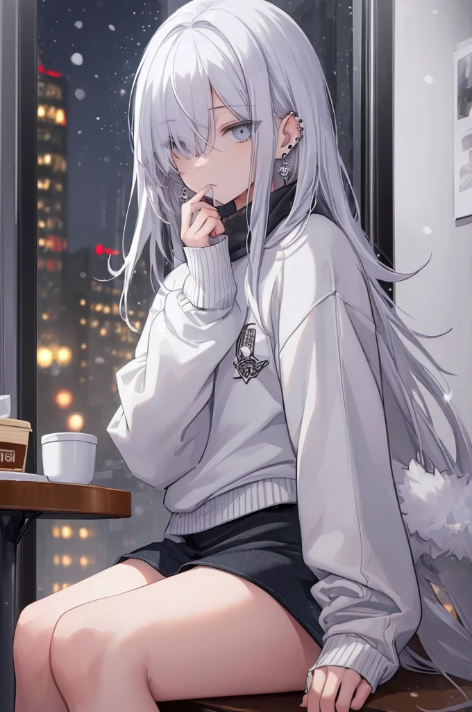 ((masterpiece:1.4, best quality:1.2)), 1girl, solo focus, beautiful skin, white sweatshirt, long white hair, grey eyes, sitting, earrings, piercing, coffee shop window, night, snowing, cityscape, tall female, beautiful and delicate female, comfy ambience, {correct posing}, {detailed background}, a miniskirt, hair over one eye