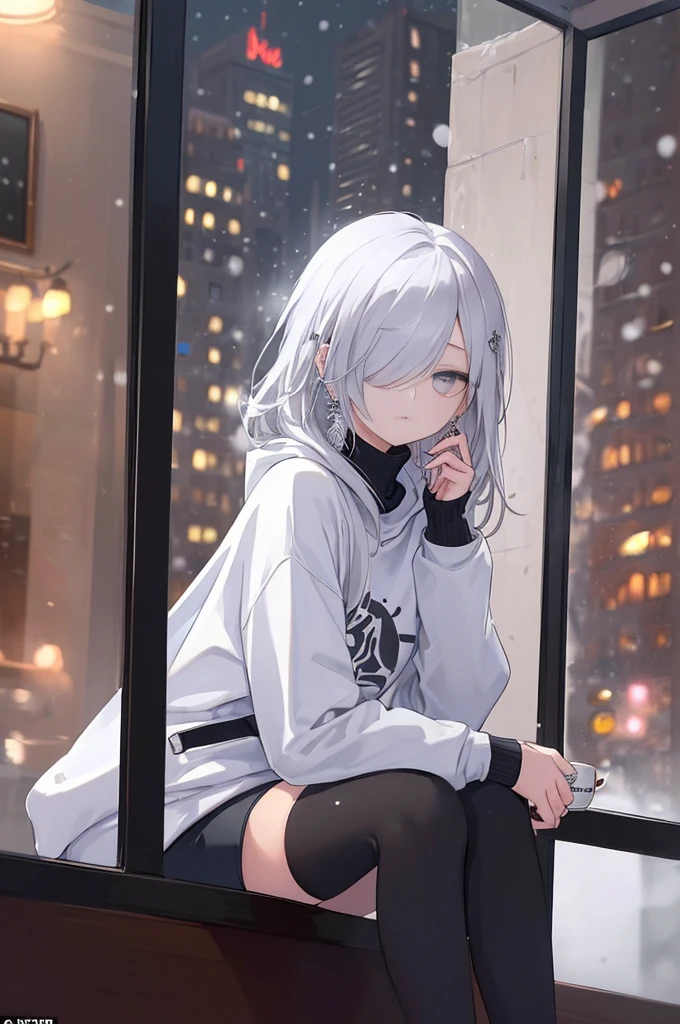 ((masterpiece:1.4, best quality:1.2)), 1girl, solo focus, beautiful skin, white sweatshirt, long white hair, grey eyes, sitting, earrings, piercing, coffee shop window, night, snowing, cityscape, tall female, beautiful and delicate female, comfy ambience, {correct posing}, {detailed background}, a miniskirt, hair over one eye