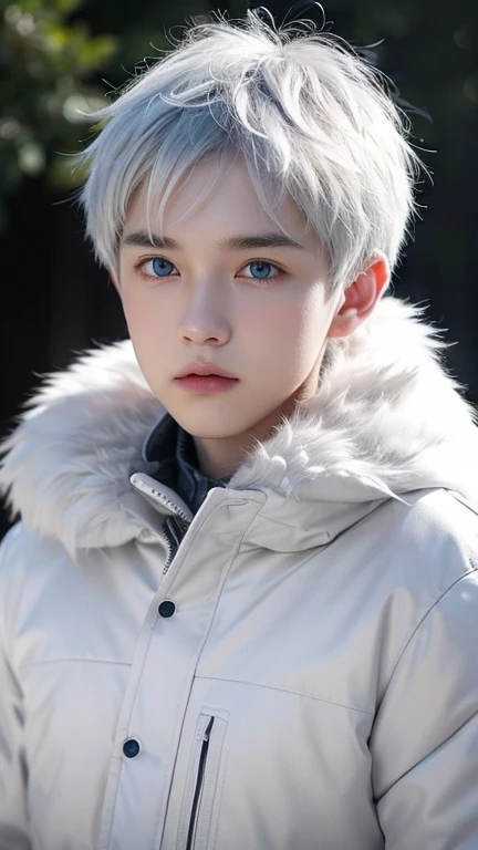 boy, Wolf, White and gray fur,juvenile, blue eyes, messy hair, white hair, short hair, masterpiece, Very detailed, Red down jacket