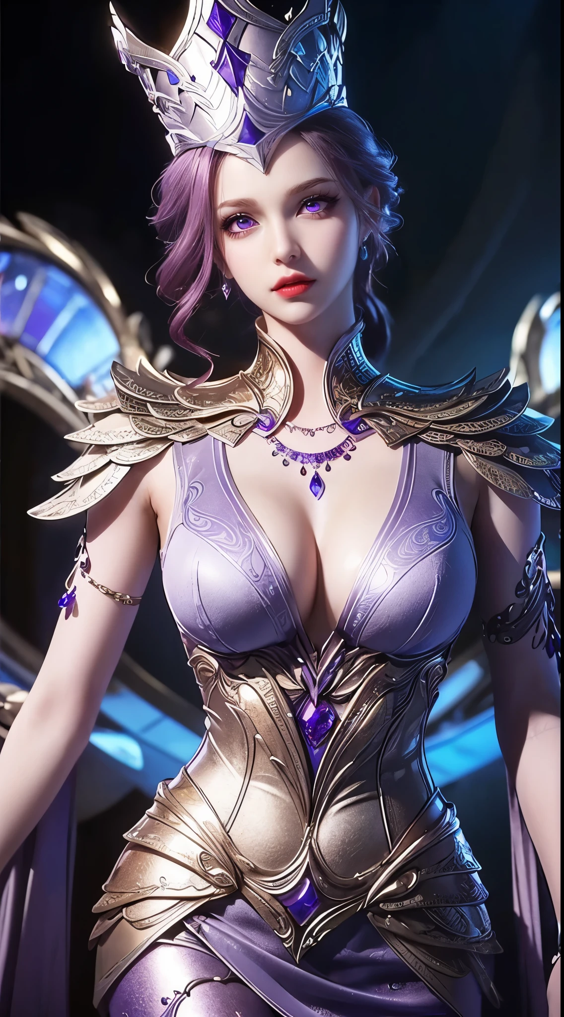1 Sexy goddess wearing sexy purple armor, Armor with many intricate and elaborate patterns, thin armor, deep slit shirt, Long, silky purple hair, Wearing a purple and silver spear cap, most beautiful、The most delicate hair accessories, Pretty little face with thin eyebrows, most beautiful、Spotless face, ((black iris:0.8)), very beautiful eyes, big round eyes, ((Deep purple eyes:1.1)), Exquisite makeup eyelashes, high nose, wear earrings, small red lips, rosy face, clean face, Beautiful face without blemishes, Light滑白皙的皮肤, ((big breasts: 0.9)), blooms , ((Large, round chest:0.9)), ((super tight breasts:1.2)), ((breast enhancement: 0.8)), beautiful , Slim petite body, ((thin waist: 0.9)), Upper body of a beautiful girl, Hot and sexy body, sexy girl, skirt, 8k photo, super high quality, Surreal, 10x super pixels, photo逼真, dark studio, border Light, two tone Light, (Detail skin high: 1.2), 8k ultra high definition, SLR camera, soft Light, high quality, volumetric Light, frank, photo, high resolution, Light, 最好的photo, 4k quality, 8k, Bokeh, Light滑锐利, Pixels increased 10 times, (background space: 1.8), (galaxy: 1.7), 极Light, Lightning, super graphics, The most realistic graphics,(极Light背景: 1.8), alone, alone, portrait 9:16, extremely sharp, Surreal images,