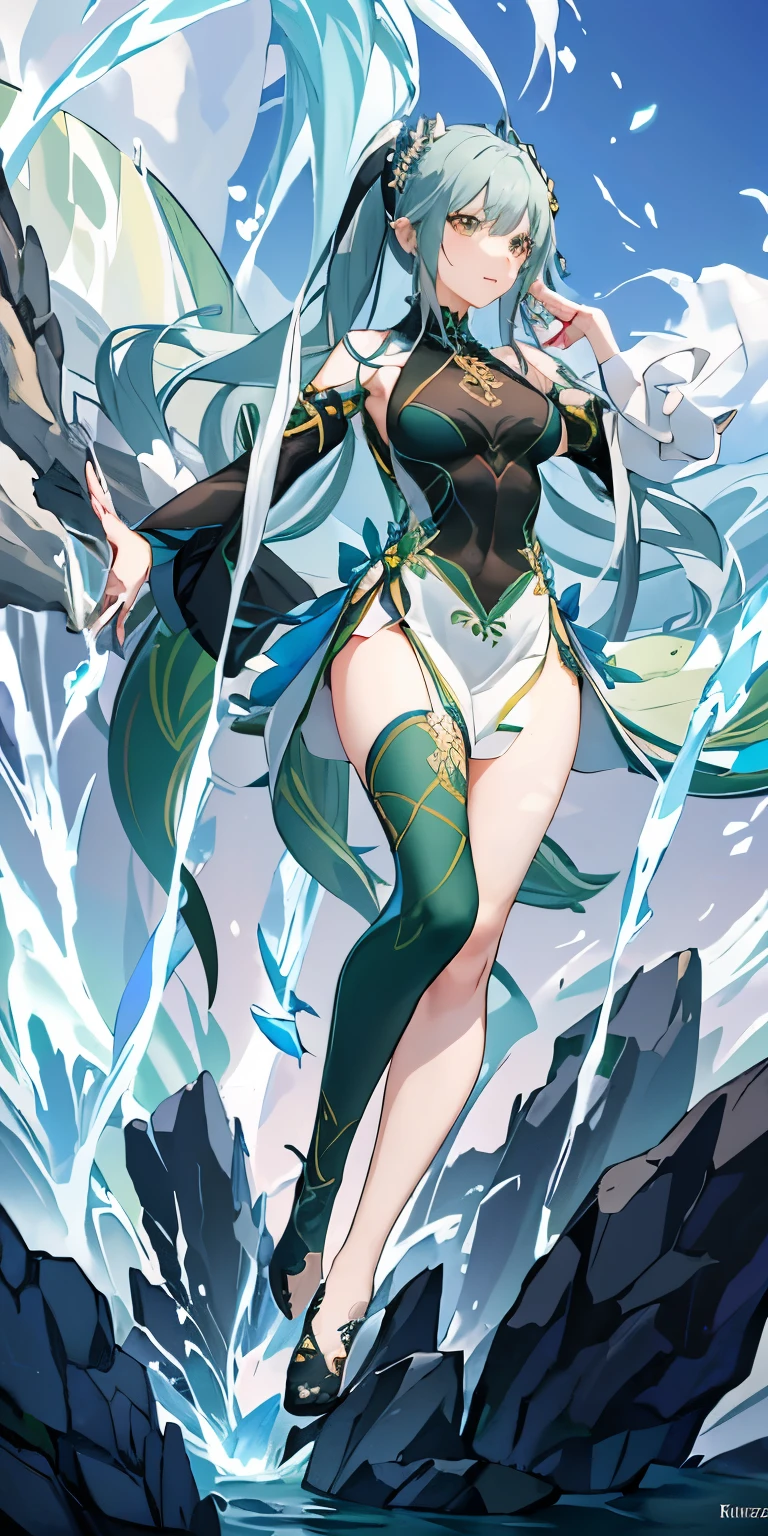 a woman in a green dress and long hair standing on a rock, crystalline skin, cushart krenz key art feminine, keqing from genshin impact, full body xianxia, ice sorceress, krenz cushart and artgerm, goddess, pixiv 3dcg, extremely detailed artgerm, miku, realistic, ultra detail