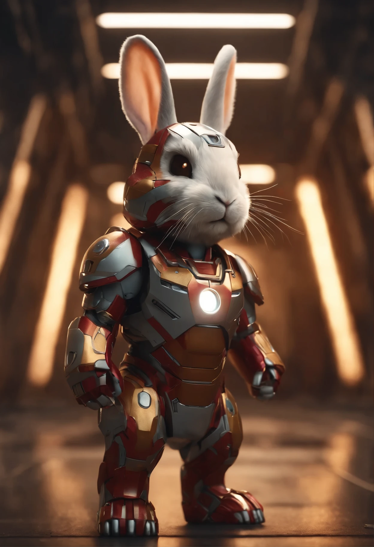 Perfect centering, Cute rabbit, Wear a iron man costume, Wearing headphones, cheerfulness, Standing position, Abstract beauty, Centered, Looking at the camera, Facing the camera, nearing perfection, Dynamic, Highly detailed, smooth, Sharp focus, 8K
