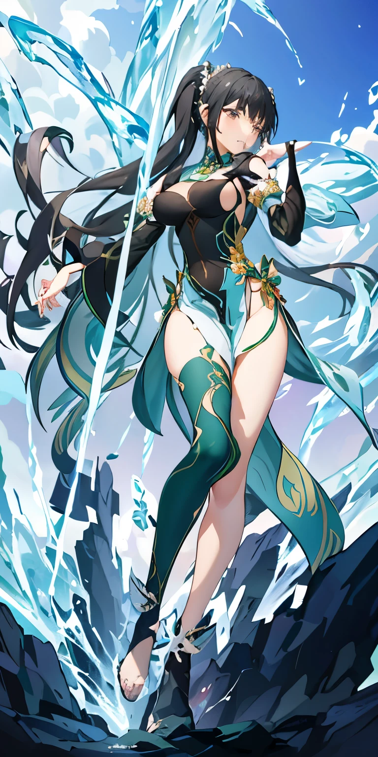 a woman in a green dress and long hair standing on a rock, crystalline skin, cushart krenz key art feminine, keqing from genshin impact, full body xianxia, ice sorceress, krenz cushart and artgerm, goddess, pixiv 3dcg, extremely detailed artgerm, miku, realistic, ultra detail