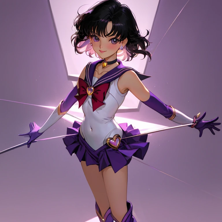 {{{{amazing quality, great quality, high quality, very aesthetic, aesthetic, best quality}}}},
realistic, photo, shadow, Three-dimensional, absurdres, Digital art,
black hair, short hair, trimmed hair, shiny hair, blunt bangs, short sideburns,
{{flat chest}}, {{small breasts}}, {{detailed body}}, slim thighs, thin thighs, tareme,
{{{{sailor saturn}}}}, {sailor senshi uniform}, ,
smile, big eyes, both shoulders expose, covered navel
purple sailor collar, purple skirt, white elbow gloves, purple boots, purple choker, jewelry, heart brooch,
red bow tie, red waist ribbon
beautiful girl, one girl, cute, pretty, lovely, charming, teenage, cupretty, lovely, charming, kawaii,
dynamic composition,