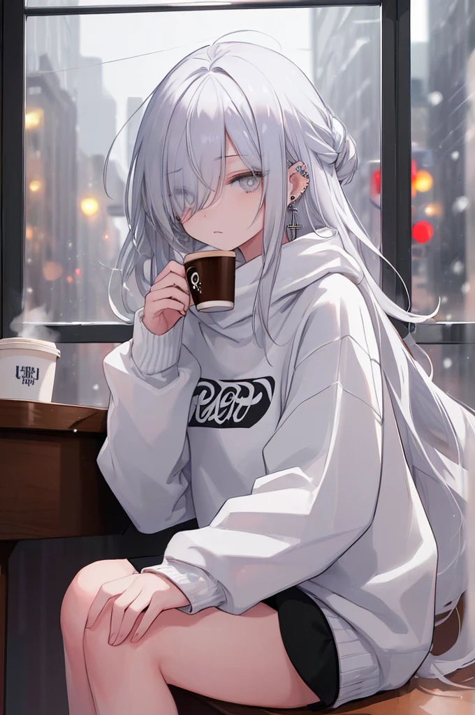 ((masterpiece:1.4, best quality:1.2)), 1girl, solo focus, beautiful skin, white sweatshirt, long white hair, grey eyes, sitting, earrings, piercing, coffee shop window, night, snowing, cityscape, tall female, beautiful and delicate female, comfy ambience, {correct posing}, {detailed background}, a miniskirt, hair over one eye