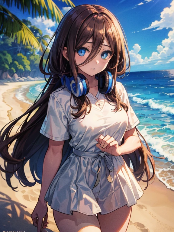masterpiece, highest quality, 1 girl, (whole body), Miku, (brown hair), shy, blush,While strolling along the sandy sands of the beach、brown hair fluttering in the breeze, blue ruby eyes,(masterpiece:1.2), highest quality, High resolution, unity 8k wallpaper, (figure:0.8), (beautiful and fine eyes:1.6), highly detailed face, perfect lighting, Very detailed CG, (perfect hands, perfect anatomy),