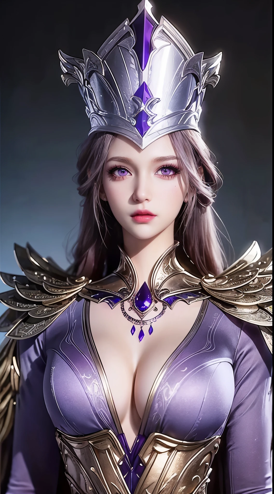 1 Sexy goddess wearing sexy purple armor, Armor with many intricate and elaborate patterns, thin armor, deep slit shirt, Long, silky purple hair, Wearing a purple and silver spear cap, most beautiful、The most delicate hair accessories, Pretty little face with thin eyebrows, most beautiful、Spotless face, ((black iris:0.8)), very beautiful eyes, big round eyes, ((Deep purple eyes:1.1)), Exquisite makeup eyelashes, high nose, wear earrings, small red lips, rosy face, clean face, Beautiful face without blemishes, Light滑白皙的皮肤, ((big breasts: 0.9)), blooms , ((Large, round chest:0.9)), ((super tight breasts:1.2)), ((breast enhancement: 0.8)), beautiful , Slim petite body, ((thin waist: 0.9)), Upper body of a beautiful girl, Hot and sexy body, sexy girl, skirt, 8k photo, super high quality, Surreal, 10x super pixels, photo逼真, dark studio, border Light, two tone Light, (Detail skin high: 1.2), 8k ultra high definition, SLR camera, soft Light, high quality, volumetric Light, frank, photo, high resolution, Light, 最好的photo, 4k quality, 8k, Bokeh, Light滑锐利, Pixels increased 10 times, (background space: 1.8), (galaxy: 1.7), 极Light, Lightning, super graphics, The most realistic graphics,(极Light背景: 1.8), alone, alone, portrait 9:16, extremely sharp, Surreal images,