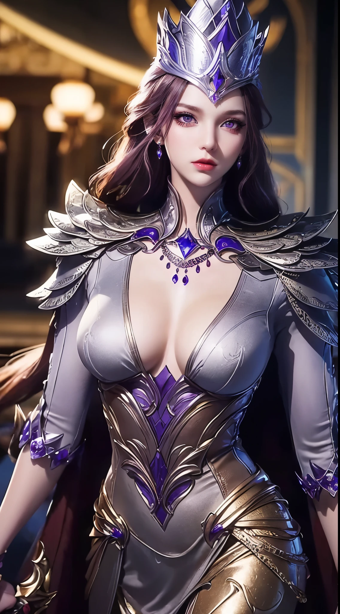 1 Sexy goddess wearing sexy purple armor, Armor with many intricate and elaborate patterns, thin armor, deep slit shirt, Long, silky purple hair, Wearing a purple and silver spear cap, most beautiful、The most delicate hair accessories, Pretty little face with thin eyebrows, most beautiful、Spotless face, ((black iris:0.8)), very beautiful eyes, big round eyes, ((Deep purple eyes:1.1)), Exquisite makeup eyelashes, high nose, wear earrings, small red lips, rosy face, clean face, Beautiful face without blemishes, Light滑白皙的皮肤, ((big breasts: 0.9)), blooms , ((Large, round chest:0.9)), ((super tight breasts:1.2)), ((breast enhancement: 0.8)), beautiful , Slim petite body, ((thin waist: 0.9)), Upper body of a beautiful girl, Hot and sexy body, sexy girl, skirt, 8k photo, super high quality, Surreal, 10x super pixels, photo逼真, dark studio, border Light, two tone Light, (Detail skin high: 1.2), 8k ultra high definition, SLR camera, soft Light, high quality, volumetric Light, frank, photo, high resolution, Light, 最好的photo, 4k quality, 8k, Bokeh, Light滑锐利, Pixels increased 10 times, (background space: 1.8), (galaxy: 1.7), 极Light, Lightning, super graphics, The most realistic graphics,(极Light背景: 1.8), alone, alone, portrait 9:16, extremely sharp, Surreal images,