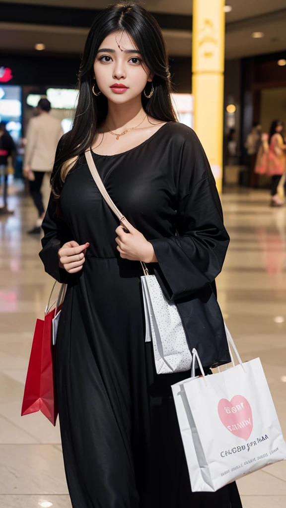 (((desi girl))), chubby face, natural skin, wearing modern dress, charming black hair, ((hair ends are blonde)), shopping mall background, bokeh