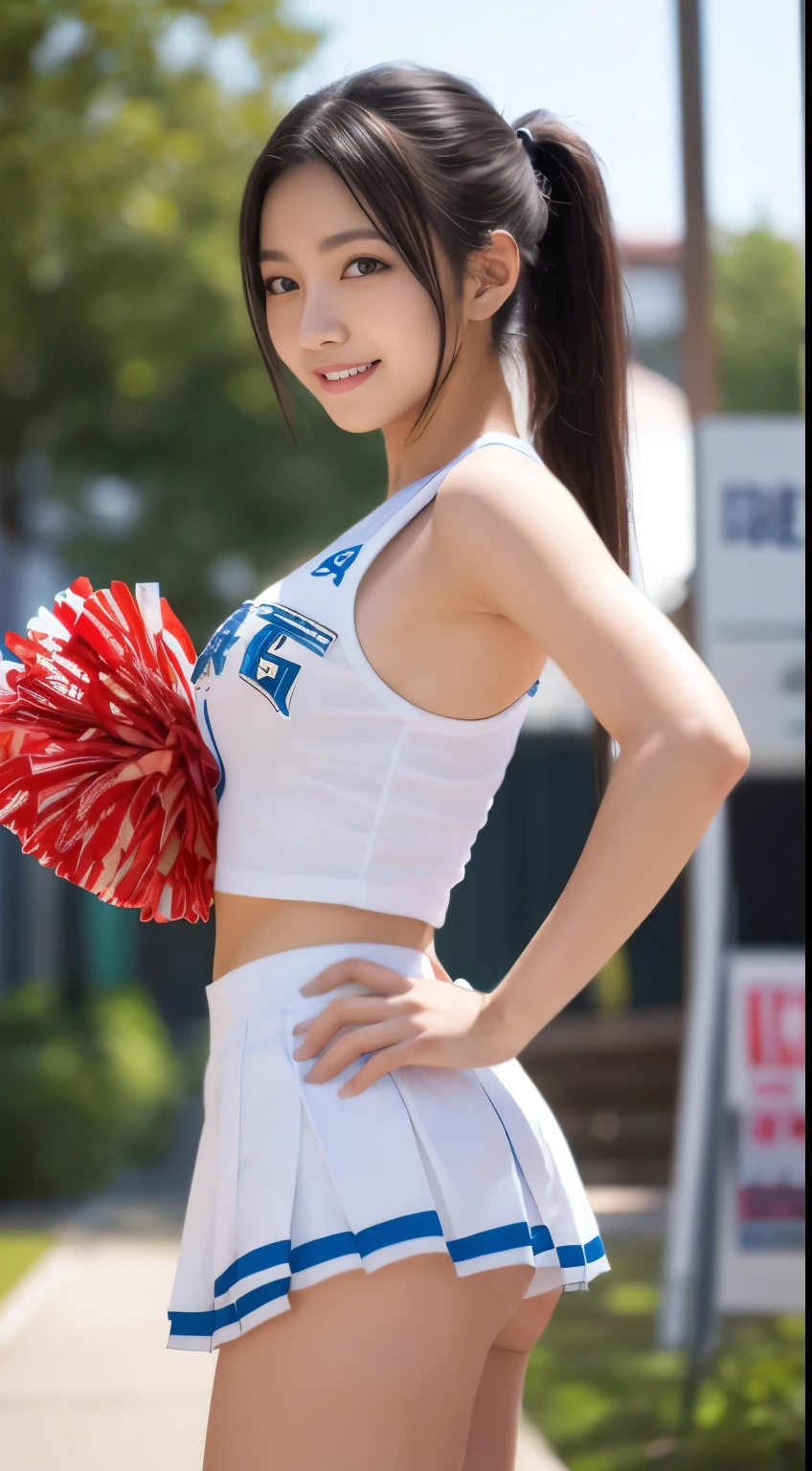 White T-back pants visible from the skirt, (japanese cheerleader:1.3), Close-up, photograph, big breasts, , young face, cute face, RAWphotograph, highest quality, High resolution, (table top), (photographrealistic:1.37), Professional photographgraphy, sharp focus, nffsw, 8K resolution, intricate details, Depth of bounds written, Highly detailed CG Unity 8K wallpaper, front light, NSFW, woman, girl, beautiful supermodel, smile, thin, (Vivid poses:1.3), Rear view, thighs thighs thighs, (ponytail:1.3), Wavy hairstyles, shot from the ground