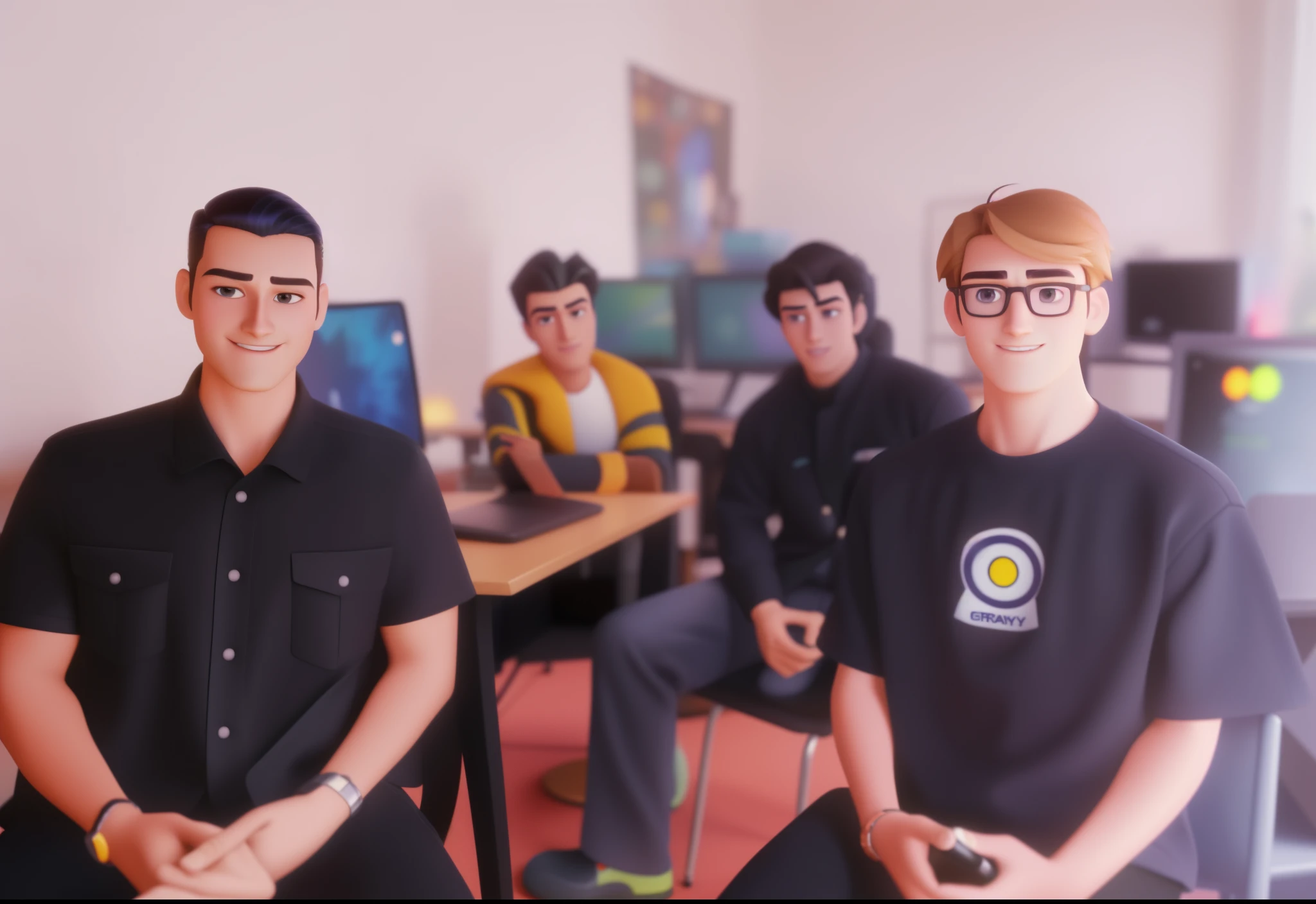 (masterpiece, best quality: 1.2) all young male character people sitting at a table with computers in a room, with techware, desktop background, group photo, digital artist, avatar image, stylized character, animation character, stylized 3d render, 3d character, highly detailed character, stylized anime, stylized 3d, render character, character model, close up, maximum quality, animation style rendering, 3D estilizado, Arnold Maya render, 3 d render stylized, toon render keyshot, Personagem 3D, Personagem 3D, 3d rendering stylized, 3 d character render, personagem de desenho animado, Personagem de close up, Pose de personagem, (Estilo Pixar) (master part:1.2), (best quality) (pele detalhada) (textura detalhada) (8k) (argila) (Cinematic lighting) (foco nítido), young man age around 25, young character, juvenile character